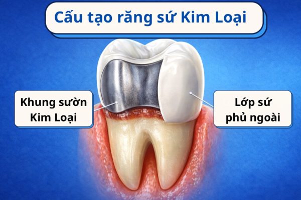 Cấu tạo răng sứ kim loại gồm khung kim loại và lớp sứ phủ ngoài